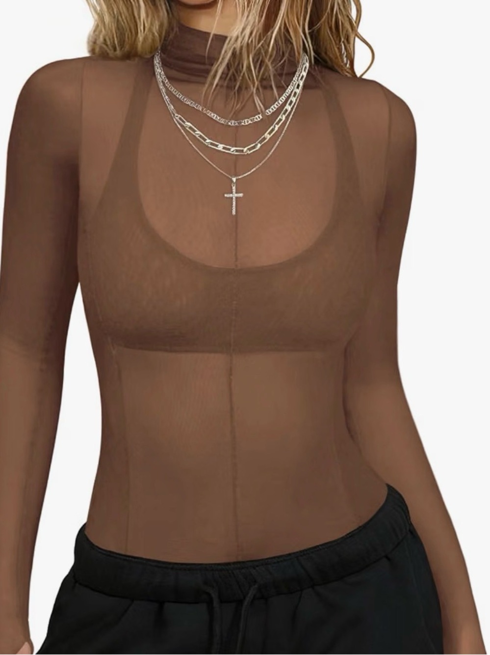 DISSH Mock Neck Sheer Long Sleeve Top in Taupe